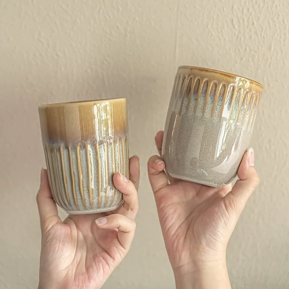 Creative 300ml Handle-Free Ceramic Cup with Unique Kiln-Transmutation Stripes - Ergonomic Design for Home and Office Use