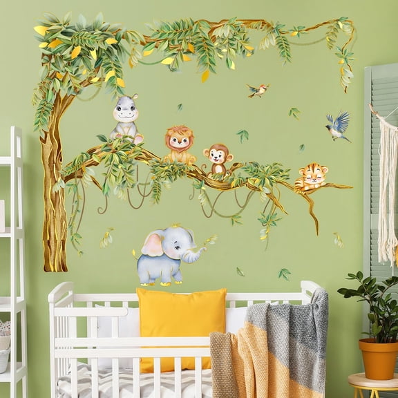 Creative 3D Gold Foil Textured Tree Wall Decals Animal Wall Stickers with Elephant, Cat, Monkey, Birds, DIY Removable Embossed Wall Art for Kids Bedroom, Nursery, Living Room Decor