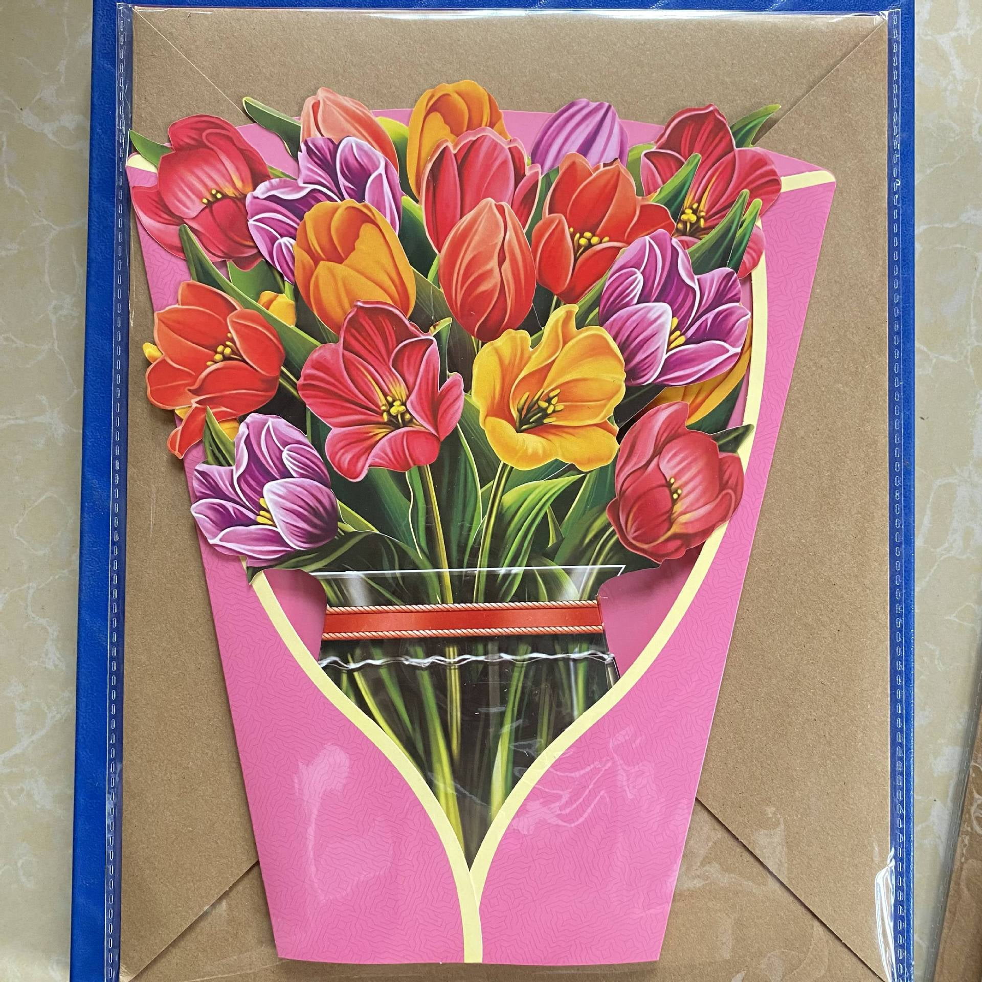 Creative 3D Pop-Up Greeting Card for Mother's Day, Paper Card with Flowers, Thank You and Blessing Gift Card