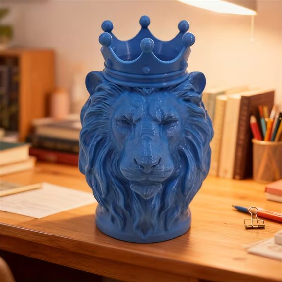 Creative 3D Printed Crowned Lion Pencil Holder - Unique Desktop Organizer for Office Decor