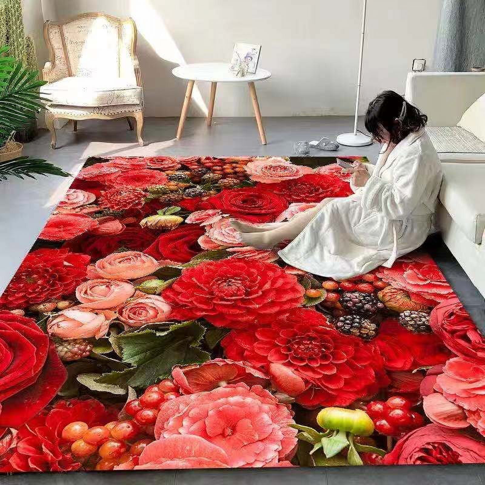 Creative 3D Romantic Red Rose Print Rug Girl Room Floor Mat Valentine's ...