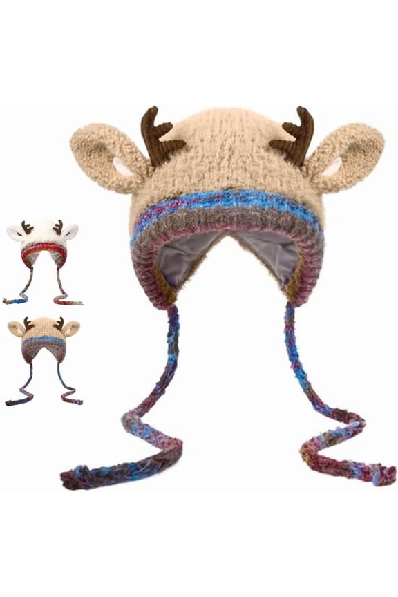 Creative Antler Hat & Bag 2-in-1 – Festive Reindeer Knitted Christmas Beanie, Warm Foldable Hat Handbag Gift