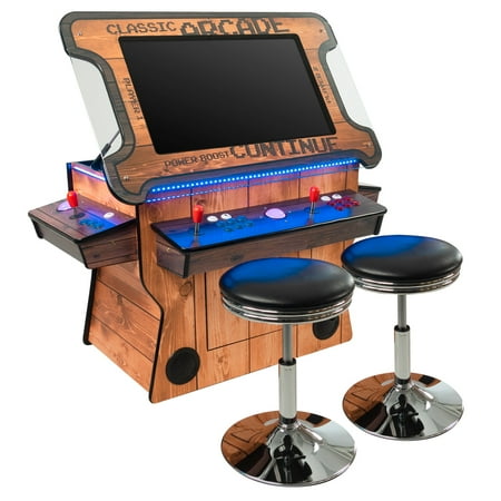 Creative Arcades 2 Player 3 Sided Tilt-Screen Cocktail Arcade Trackball | Woodgrain Edition | 3500 Classic Games | 32" LCD | Includes 2 Stools