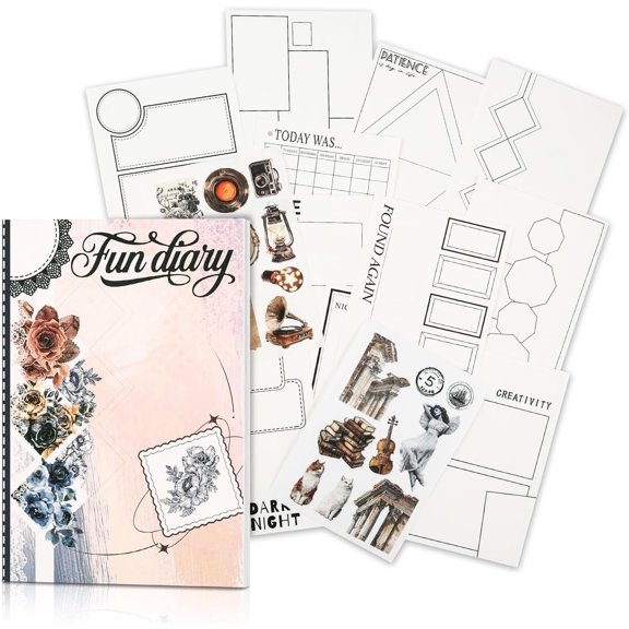 Creative Art Journal Pocket-Sized Notebook with 28 Interesting Concept Templates Pages and 8 -Cut Stickers for Daily Journal, Planner, Media, 4.1in x 5.8in, Black