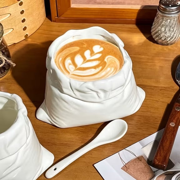 Creative Bag-Shaped Ceramic Coffee Cup Set with Spoon Unique Mug for Latte, Whiskey, and Dessert