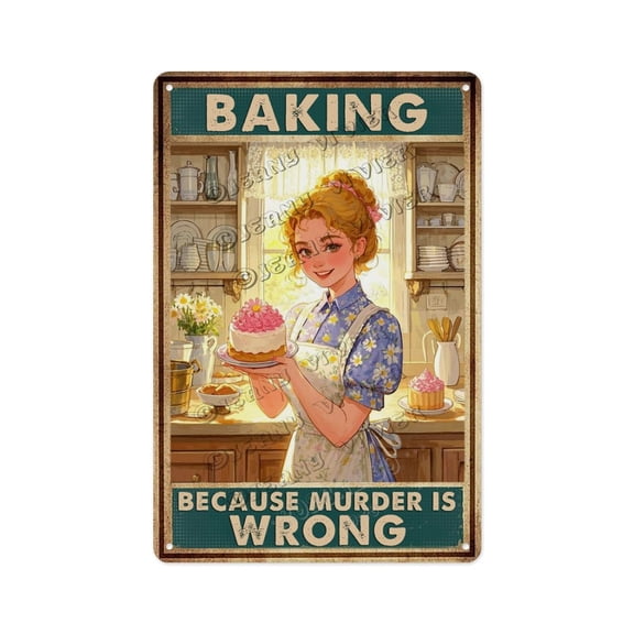 Creative Baking Because Murder Is Wrong Tin Sign 12x16 Inch Funny Aluminum Wall Decor for Rustic Kitchens, Bakeries, Coffee Shops Ideal Gift for Moms, Chefs, Bakers