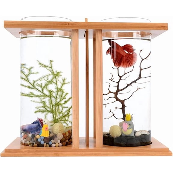 Creative Bamboo Wood Desktop Aquarium, Dual Glass Mini DIY Micro Landscape Fish Tank for Goldfish & Betta