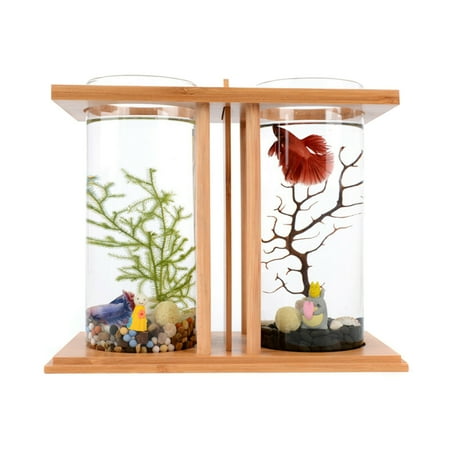 Creative Bamboo & Wood Glass Fish Tank, Home Desktop Dual Glass Mini DIY Goldfish Betta Fish Tank with LED Light, Aquarium Small Fish Tank for Living Room, Office, Bedroom Decor