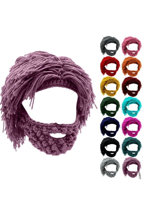 Creative Barbarian Knit Beard Hat Funny Knit Hat Wig Beanie Hats Winter Beard Facemask, #01 Purple Pink Free Size