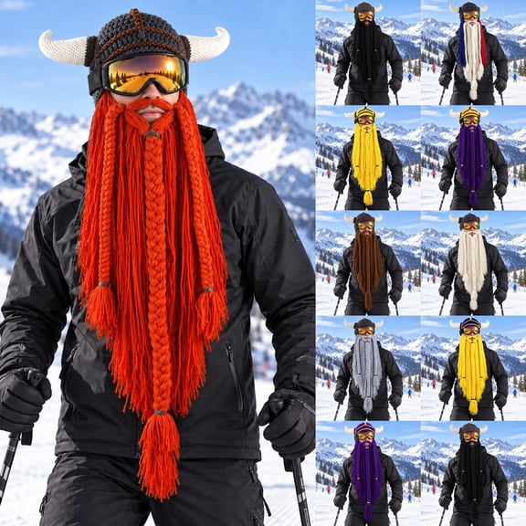 Creative Barbarian Knit Beard Hat Viking Hat with Horns Funny Barbarian Vagabond Beard Beanie Hats for Men Winter Knitted Wig Beanie Hats