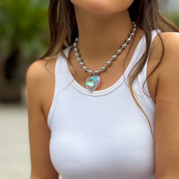 Creative Beaded Chain Heart Pendant Necklace for Women, Versatile Colorful Heart Pattern Pendant Necklace