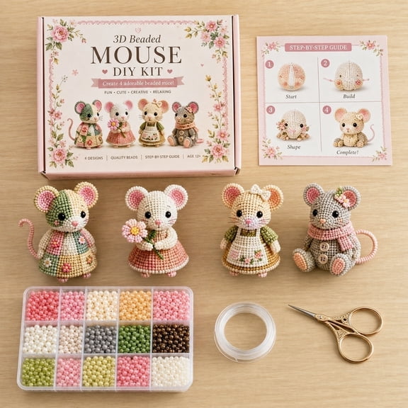 Creative Beaded Mini World 3D DIY Kit Collection, 3D Beaded Animal Kit, Compact Petite Craft Set, Premium Bead Materials For Home Decor And Personal Craft Collection Mouse Friends