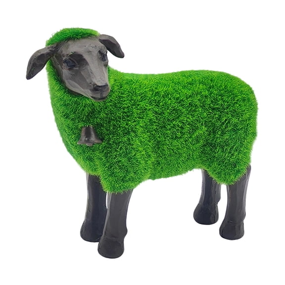 Creative Bell-Adorned Flocked Sheep Resin Ornament Black-Face Green-Body Lamb Figurine for Indoor Outdoor Home Decoration