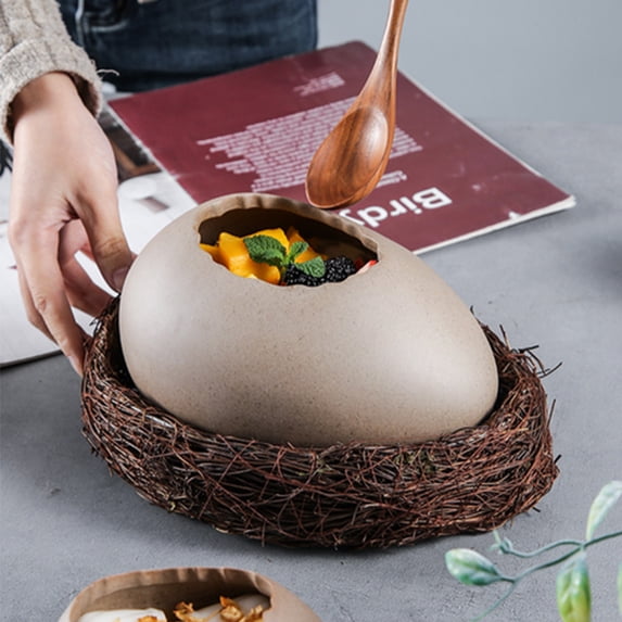 Creative Bird's Nest Dessert Bowl - Ostrich Egg Shape Ceramic Serving Bowl with Beige Irregular Rim, for Cold Drinks Barbecue Restaurant and Unique Tableware, Pedestal Display