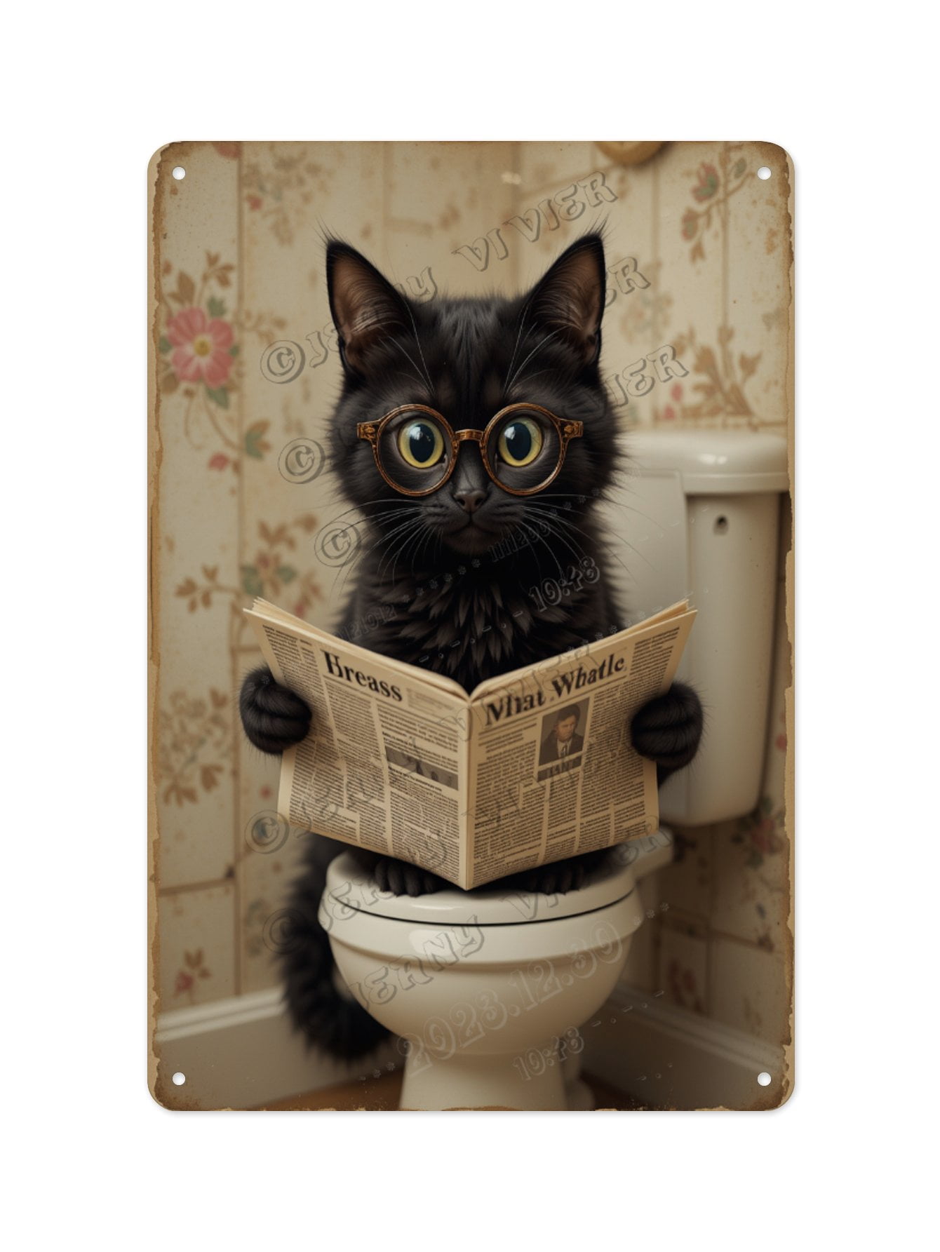 Creative Black Cat Reading Newspaper on the Toilet Aluminum Sign 12 x ...