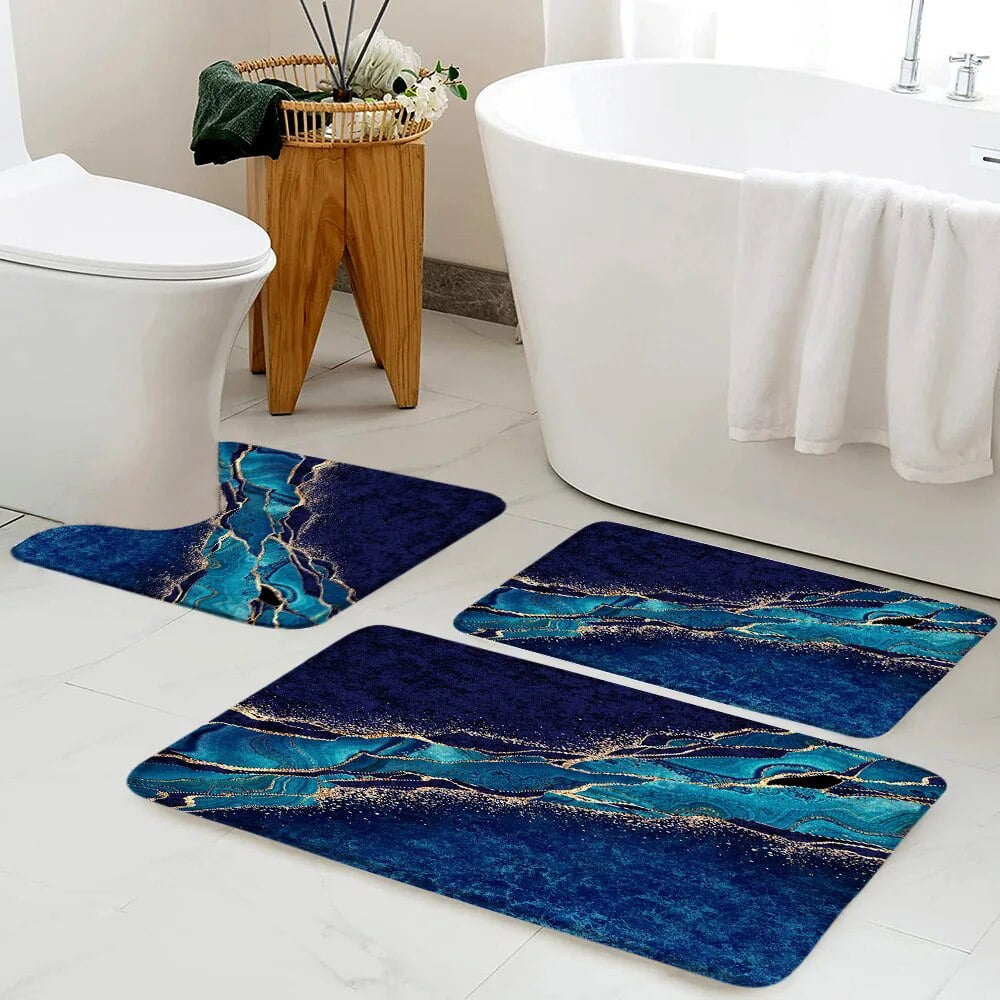 Creative Black Marble Bath Mat Set Gold Lines Grey Textured Pattern