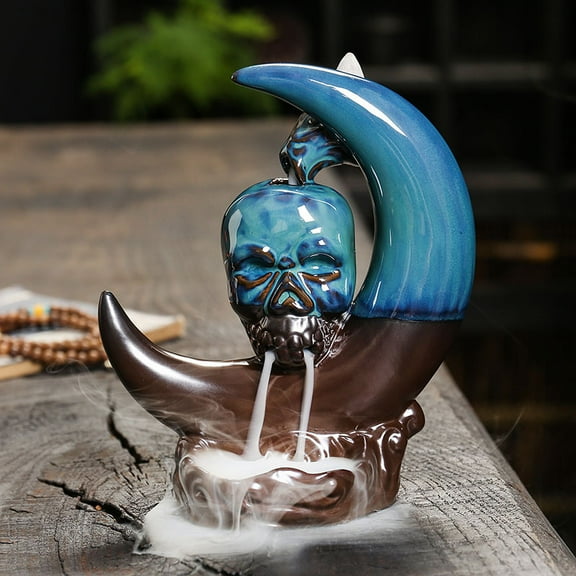Creative Blue Moon Backflow Incense Burner Ceramic Halloween Skull Head Smoke Incense Holder Indoor Aroma Censer Burner Home Decoration