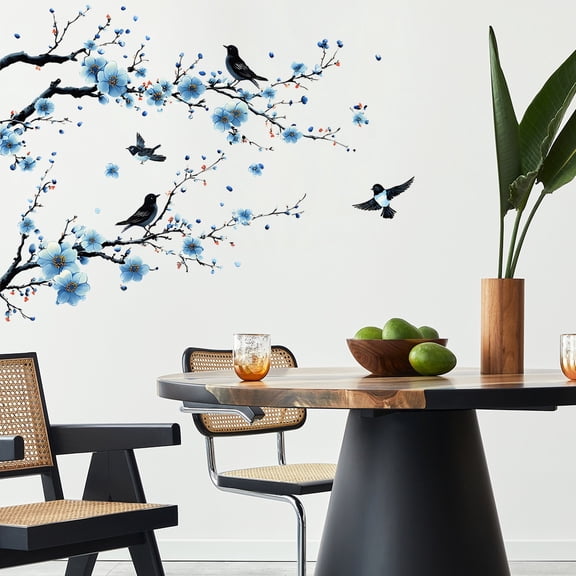 Creative Branch Blue Plum Swallow Wall Sticker - Nature-Inspired Home Decor for Bedroom and Refrigerator