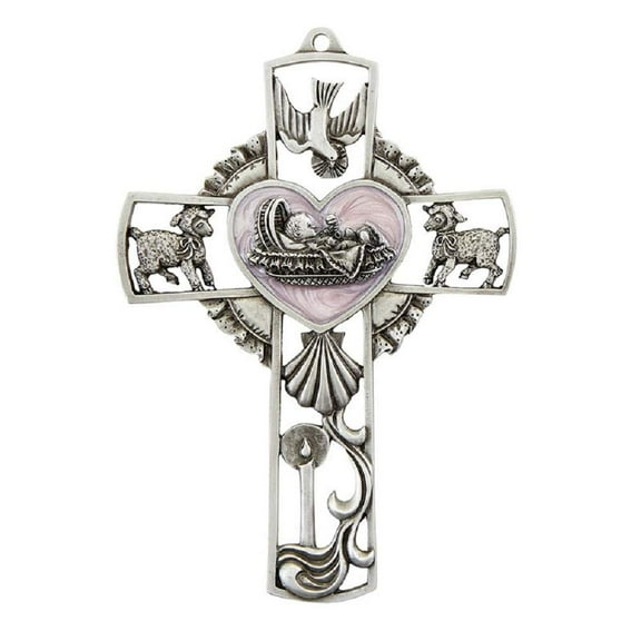 Creative Brands JC-9433-E Baby Girl Wall Cross , 5-inch Height, Pewter and Epoxy, Pink