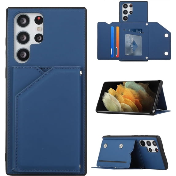 Creative Business PU Leather Phone Case for Samsung Galaxy S23 S22 Ultra Plus with Card Holder Case Card Slots Bracket Function Durable Shockproof Cover Blue