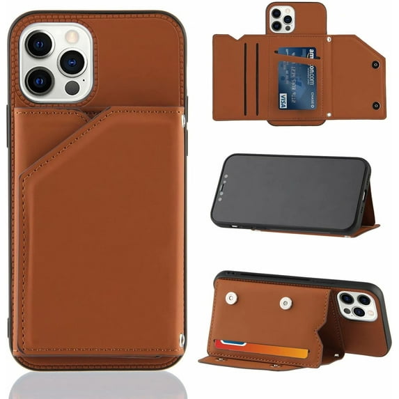 Creative Business PU Leather Phone Case for iPhone 15 Pro Max Plus with Card Holder Case, Card Slots Bracket Function Durable Shockproof Cover Brown