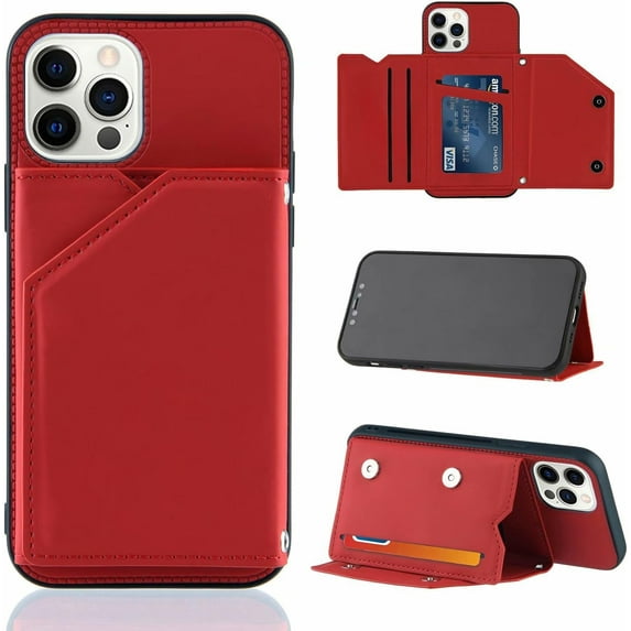 Creative Business PU Leather Phone Case for iPhone 15 Pro Max Plus with Card Holder Case, Card Slots Bracket Function Durable Shockproof Cover Red