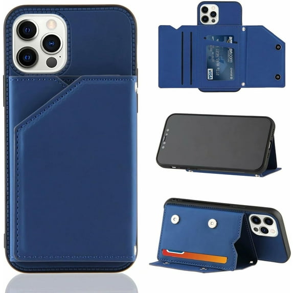 Creative Business PU Leather Phone Case for iPhone 12 11 Pro Max Plus Mini with Card Holder Case Card Slots Bracket Function Durable Shockproof Cover Blue