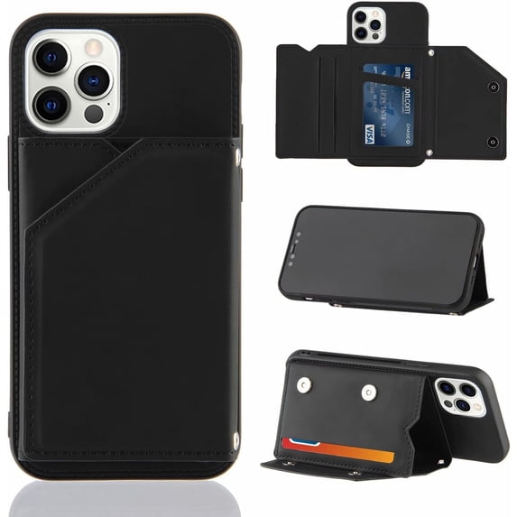 Creative Business PU Leather Phone Case for iPhone 14 13 Pro Max Plus Mini with Card Holder Case, Card Slots Bracket Function Durable Shockproof Cover Black