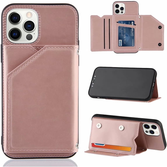 Creative Business PU Leather Phone Case for iPhone 14 13 Pro Max Plus Mini with Card Holder Case, Card Slots Bracket Function Durable Shockproof Cover Rose Gold