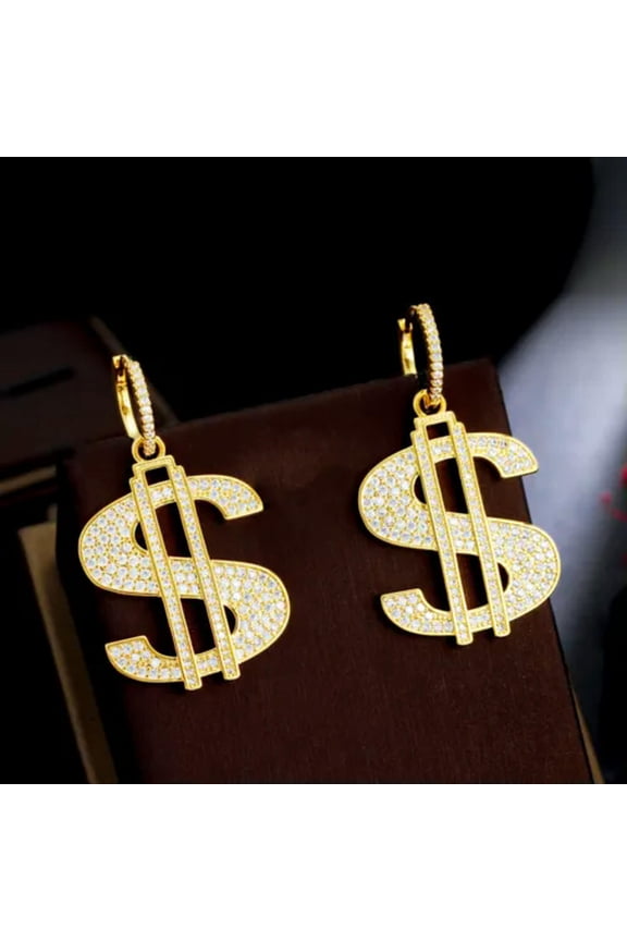 Creative CZ Yellow Gold Plated Long Big Dollar Letter Charm Drop Hoop Earrings
