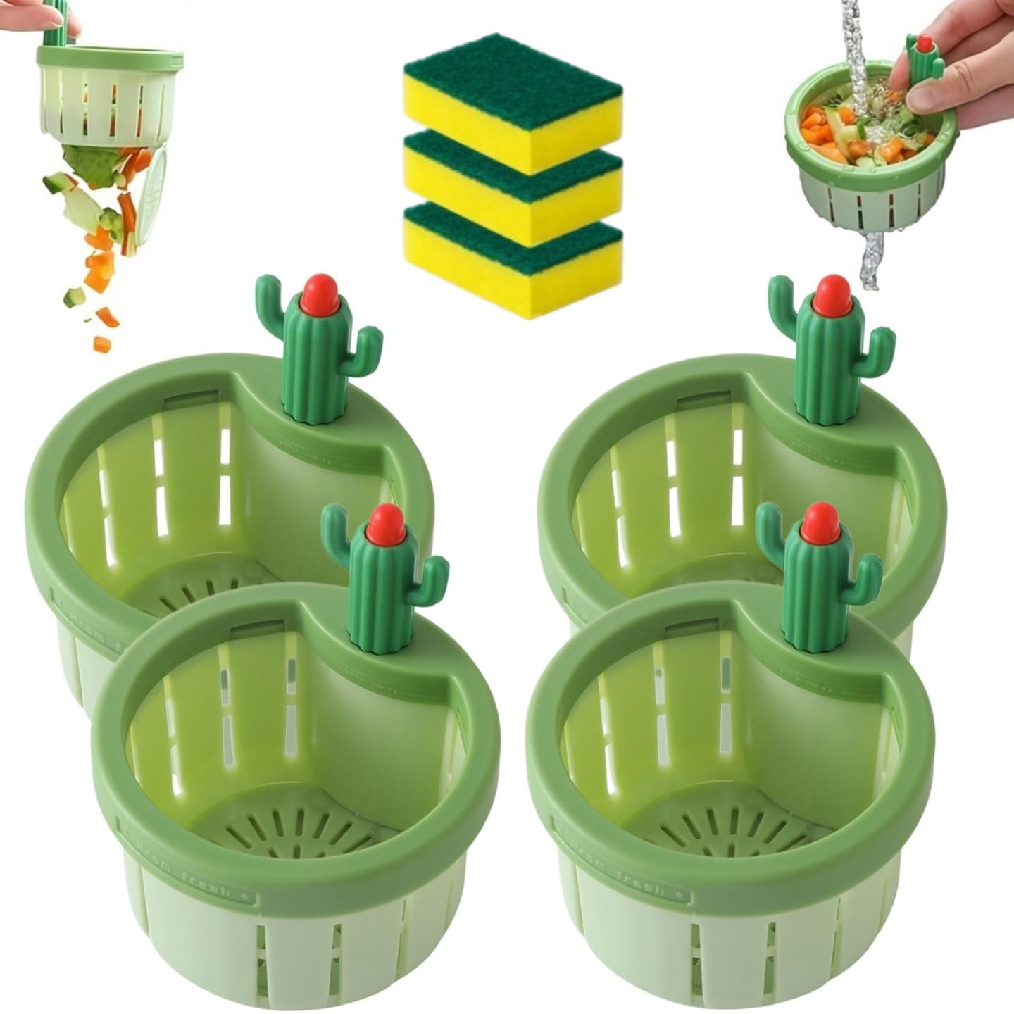 Creative Cactus Sink Strainer, Self-Cleaning Cactus Sink Strainer Basket, Cactus Kitchen Sink Drain Strainer, Press Automatic Dumping Basket, Kitchen Sink Waste Collector Filter