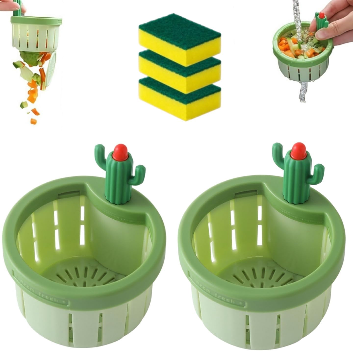 Creative Cactus Sink Strainer, Self-Cleaning Cactus Sink Strainer Basket, Cactus Kitchen Sink Drain Strainer, Press Automatic Dumping Basket, Kitchen Sink Waste Collector Filter