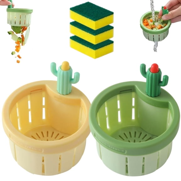 Creative Cactus Sink Strainer, Self-Cleaning Cactus Sink Strainer Basket, Cactus Kitchen Sink Drain Strainer, Press Automatic Dumping Basket, Kitchen Sink Waste Collector Filter (2pc-C)