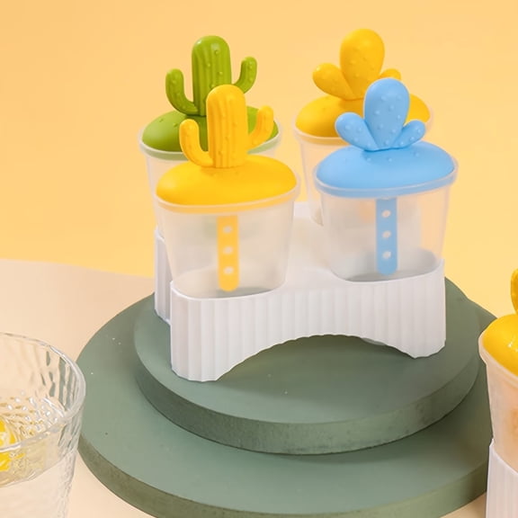 Creative Cartoon Cactus Ice Pop Mold Set - 4-Compartment DIY Popsicle Maker for Kids and Family Fun
