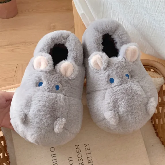 Creative Cartoon Cute Hippo All-inclusive Plush Cotton Slippers Women's Winter Indoor Plush Warm Comfortable Fluffy Shoes (Gray,42-43)