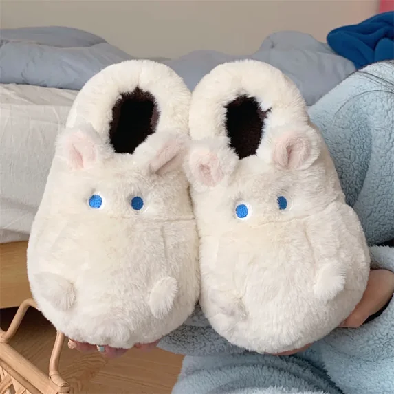Creative Cartoon Cute Hippo All-inclusive Plush Cotton Slippers Women's Winter Indoor Plush Warm Comfortable Fluffy Shoes (White,44-45)