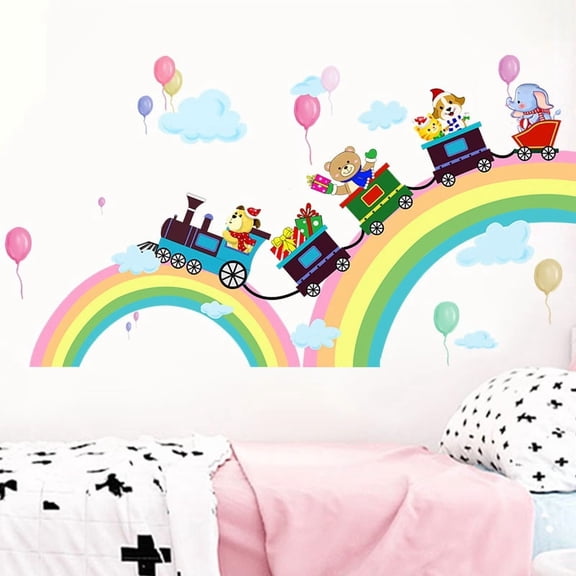 Creative Cartoon Rainbow Bridge Animal Train Wall Sticker for Kids' Bedroom Decoration