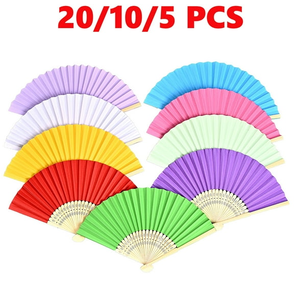 Creative Carving Craft Vintage Chinese Paper Fans Bamboo Hand Held Folding Fans for Wedding, Party, DIY Decoration（Ochre/5 PCS）