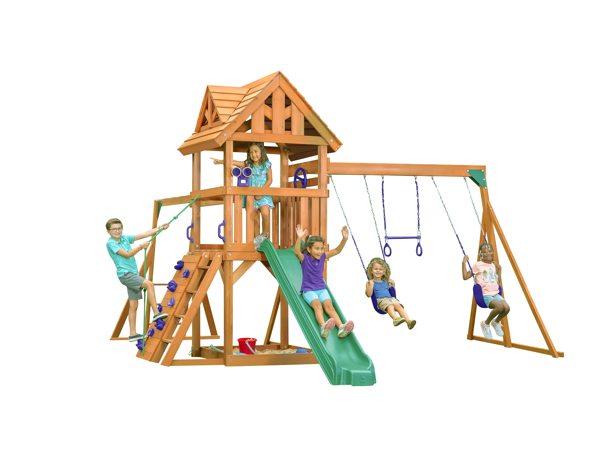 Mountain View Lodge Cedar Playset with Wooden Roof and Green Slide