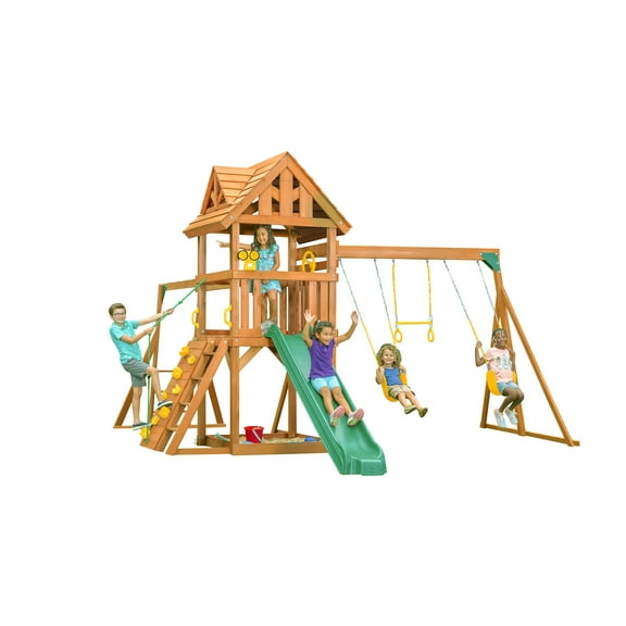 Creative Cedar Designs Mountain View Lodge Cedar Swingset with Wooden Roof, Monkey Bars, Climbing Wall & Rope, Slide, Sandbox, Belt Swings and Trapeze