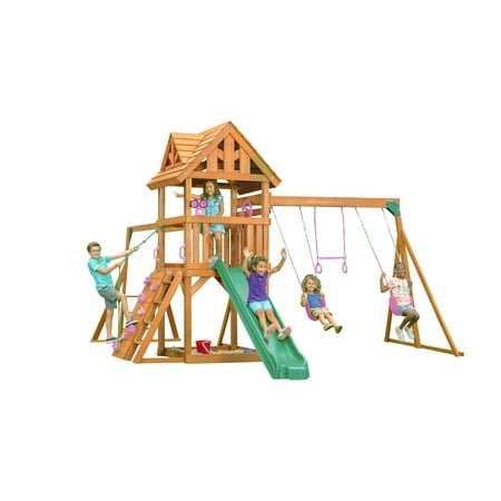 Creative Cedar Designs Mountain View Lodge Swing Set with Wooden Roof with Pink Accessories & Green Slide