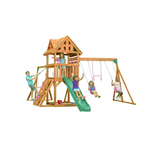 Creative Cedar Designs Mountain View Lodge Swing Set with Wooden Roof with Pink Accessories & Green Slide