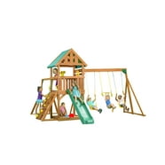 KidKraft Raptor Trail Wooden Outdoor Swing Set with Wavy Slide and Rock ...