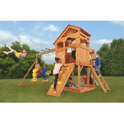 Creative Cedar Designs Timber Valley Wooden Playset with Wooden Roof, Glider Swing, Sandbox, Climbing Wall, Ladder, Slide & Belt Swings