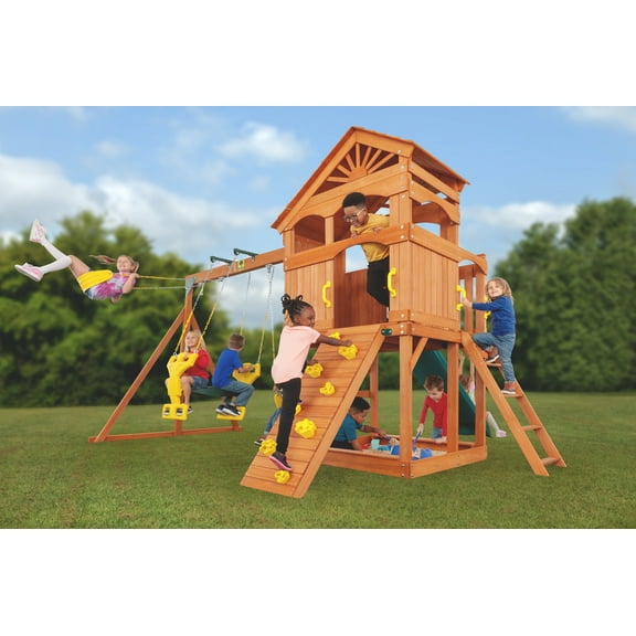Creative Cedar Designs Timber Valley Wooden Playset with Wooden Roof, Glider Swing, Sandbox, Climbing Wall, Ladder, Slide & Belt Swings