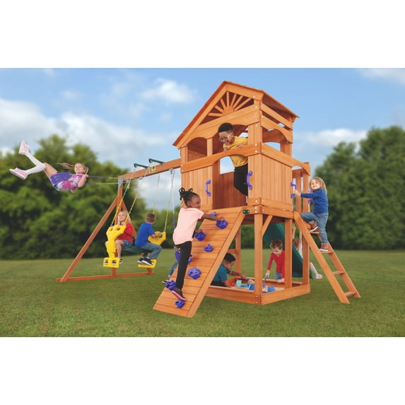 Creative Cedar Designs Timber Valley Wooden Playset with Wooden Roof, Glider Swing, Sandbox, Climbing Wall, Ladder, Slide & Belt Swings