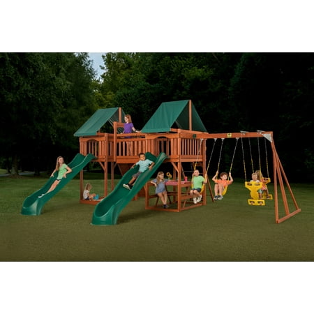 Creative Cedar Designs Wood Swing Set, Wood Brown, 255” x 185” x 127”