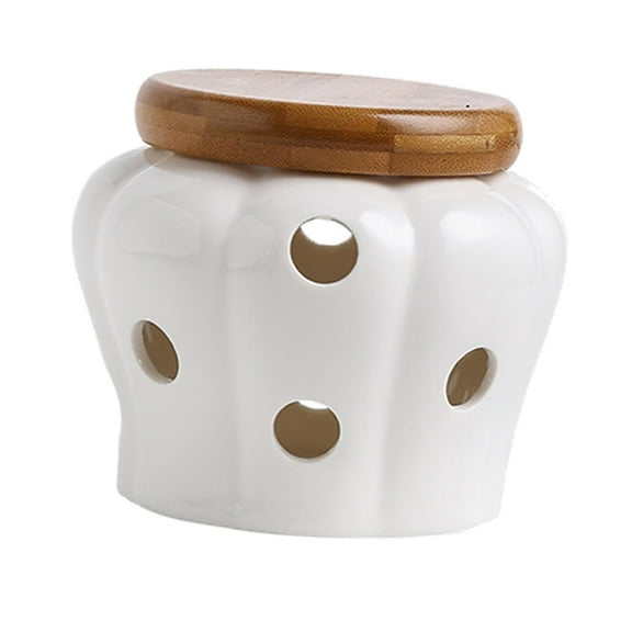 Creative Ceramic Garlic Keeper, with Lid Ventilated Stoneware Round Snacks Candy Pumpkin Shape Canister Garlic Cellar Pot Garlic Jars White