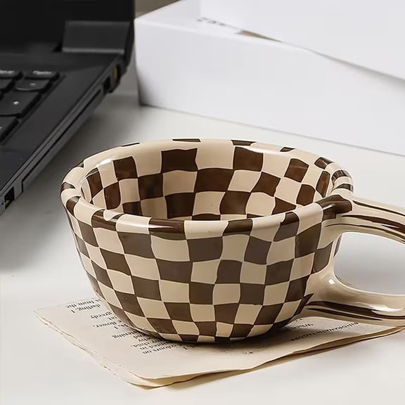 Creative Checkered Ceramic Mug - Elegant Milk Cup for Home, Breakfast & Tea Time