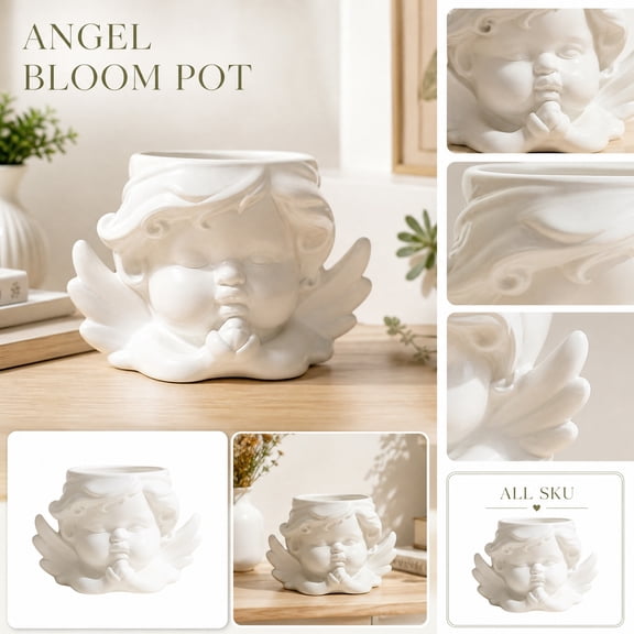 Creative Cherub Head Indoor Plant Pot, White Ceramic Planter, Home Office Decor, Small Shelf Decor, 6X4X4 Inch Cute Angel Tabletop Display Ornament, No Live Greenery Included